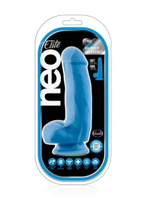 Blush Neo Neon Blue Elite 7 Inch Silicone Dual Density Cock with Balls