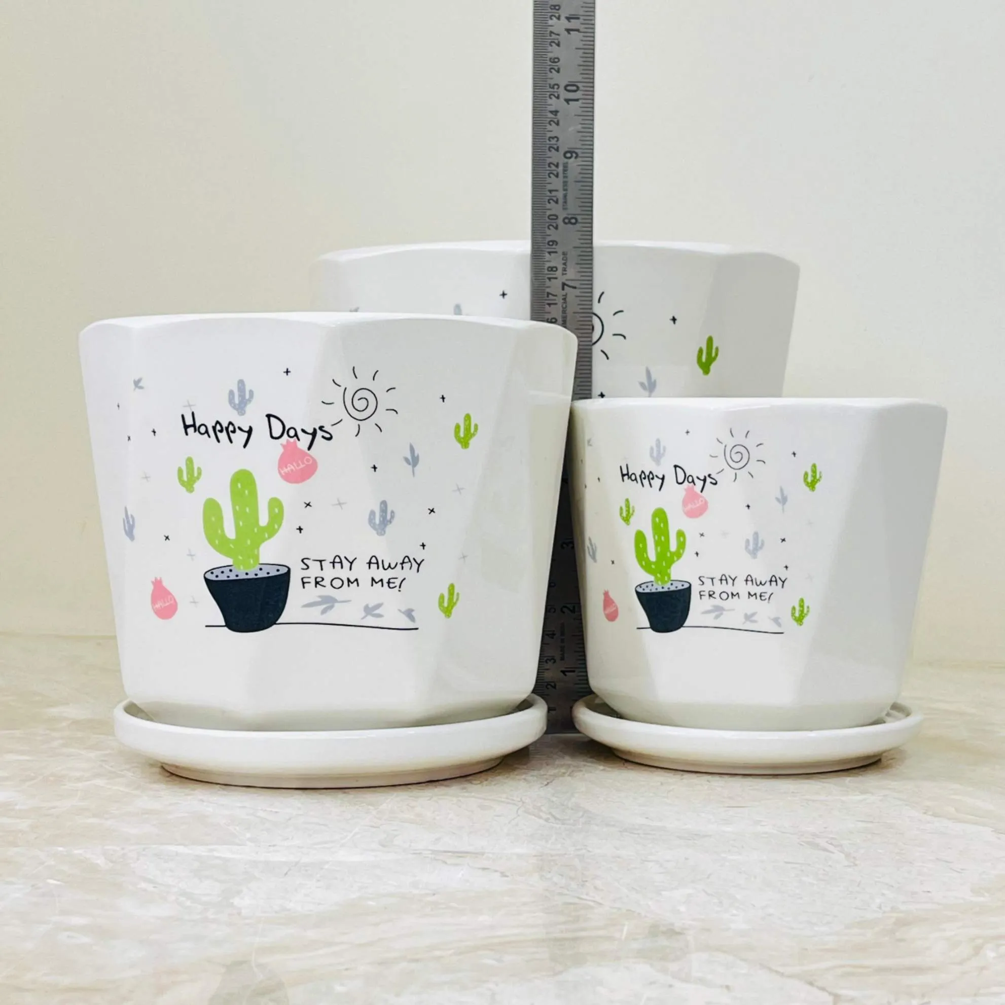 Fun Cactus Print Ceramic Pot Set Of 3