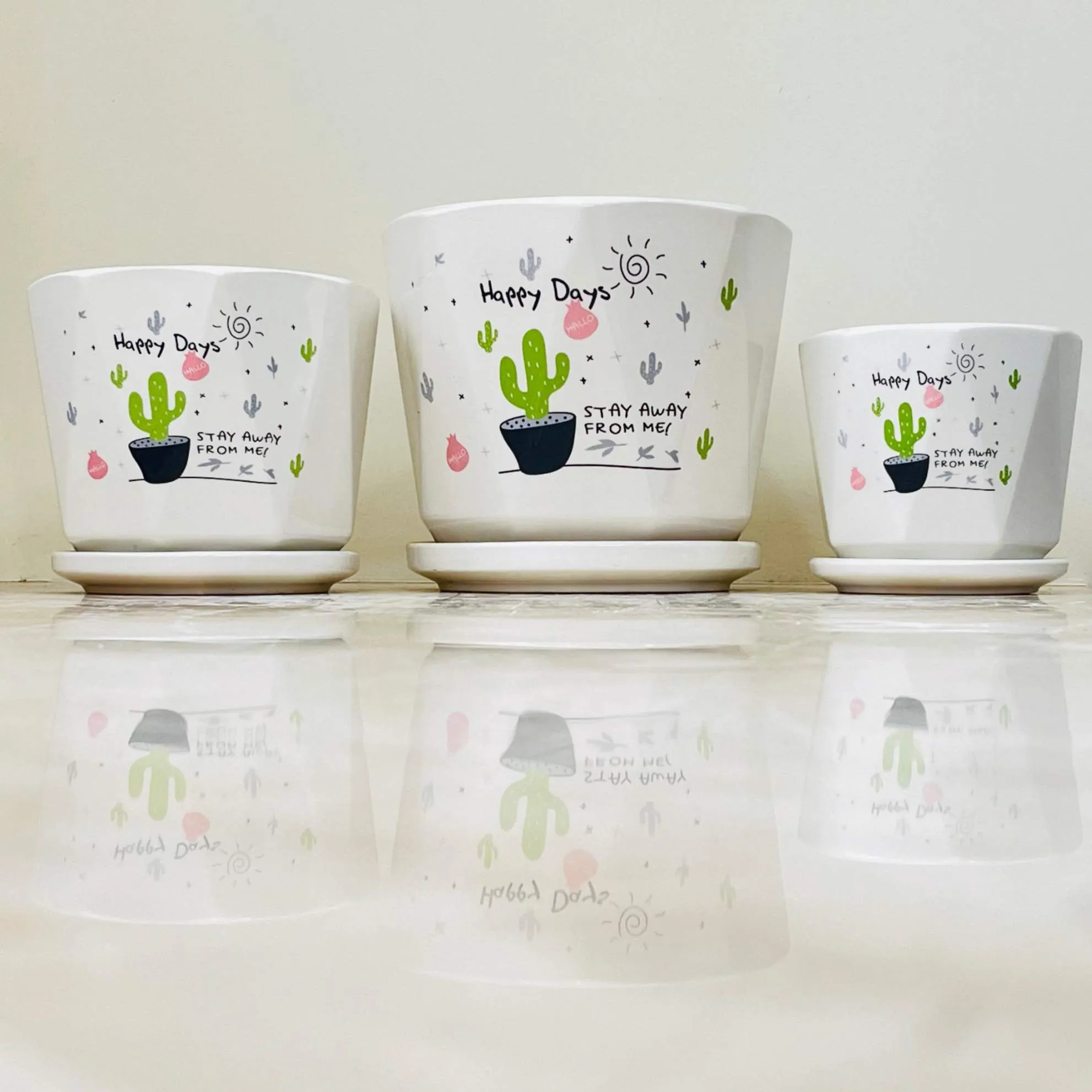 Fun Cactus Print Ceramic Pot Set Of 3