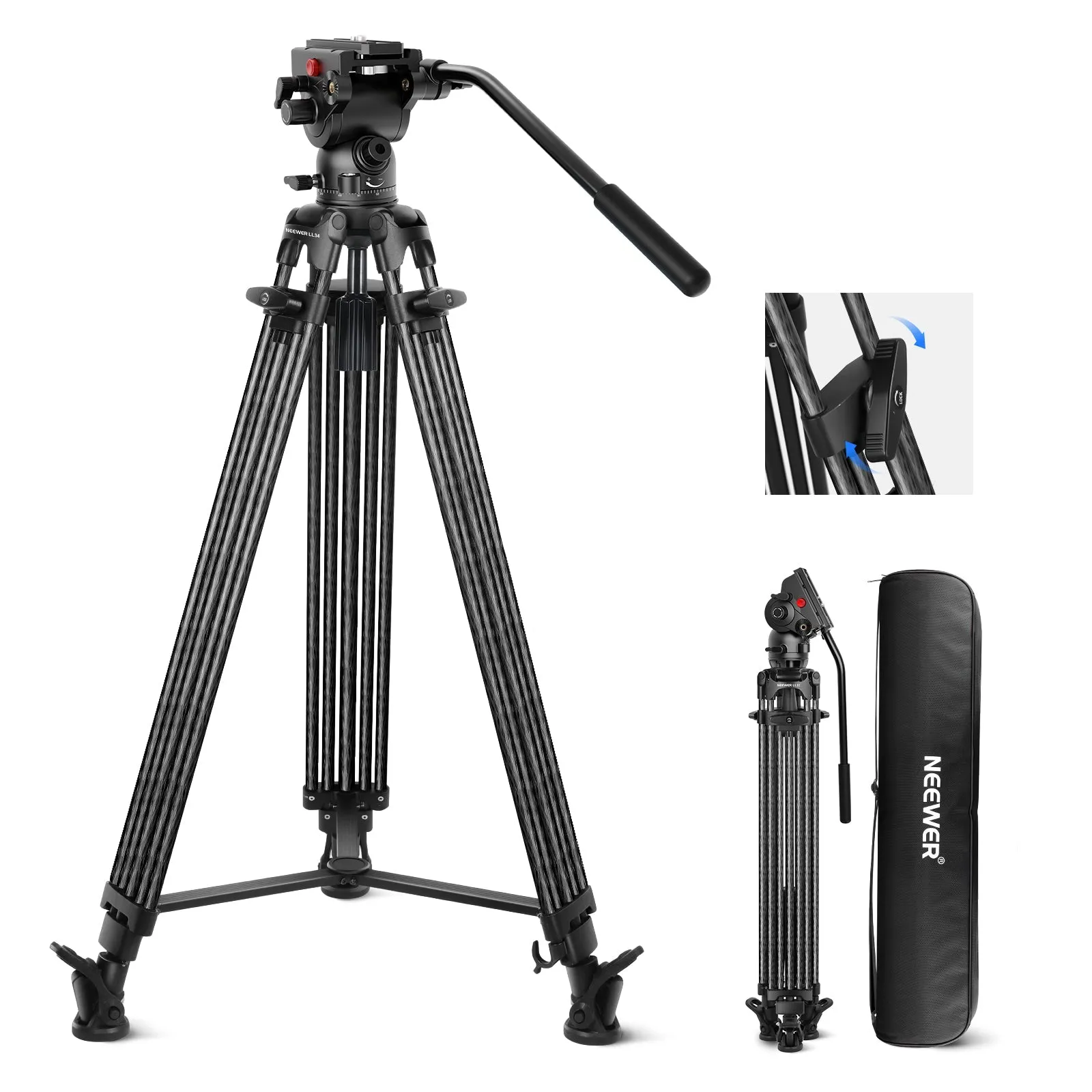 NEEWER LL34 78" Heavy Duty Carbon Fiber Tripod with Damping Adjustable Fluid Head