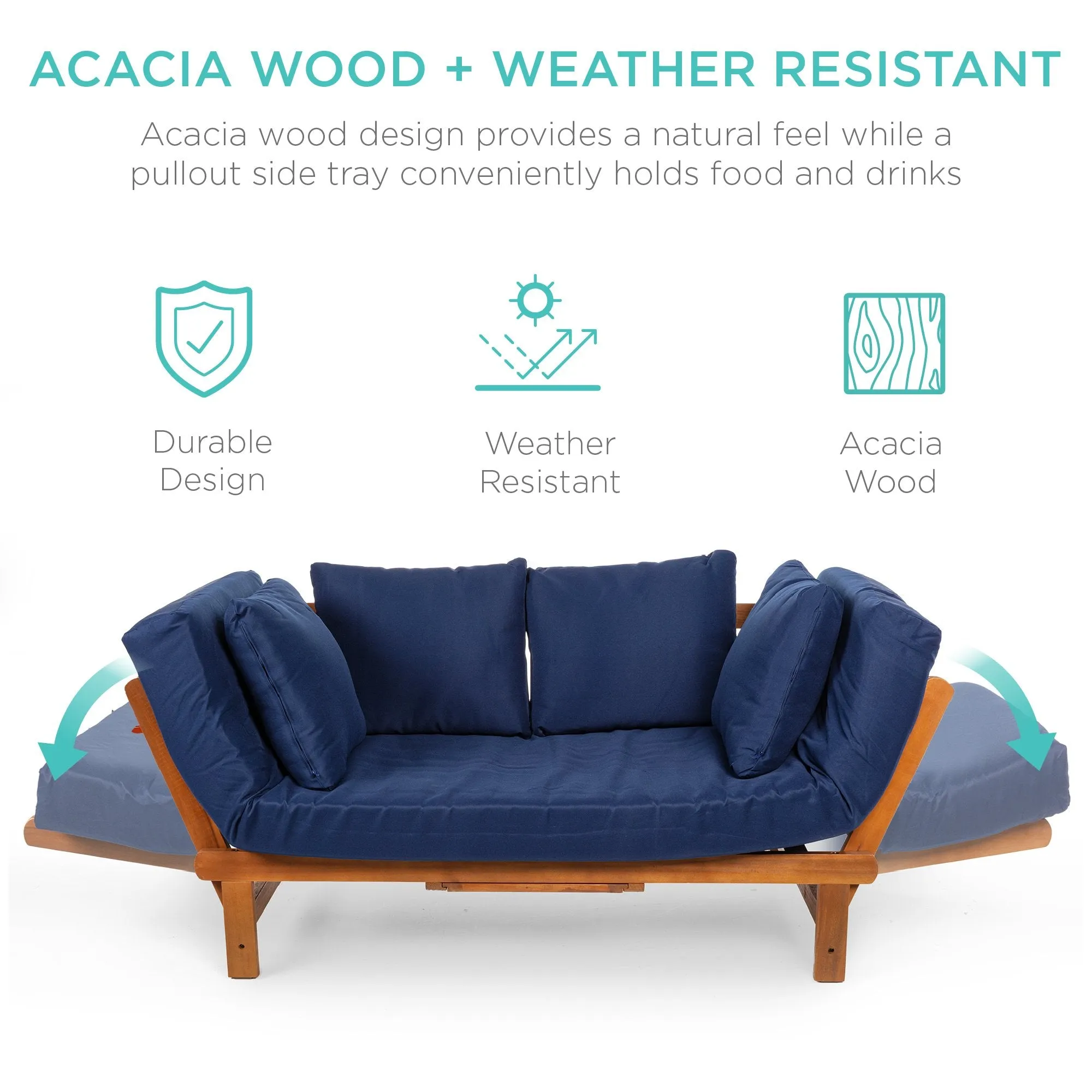 Outdoor Convertible Acacia Wood Futon Sofa w/ 4 Pillows, Removable Cushion