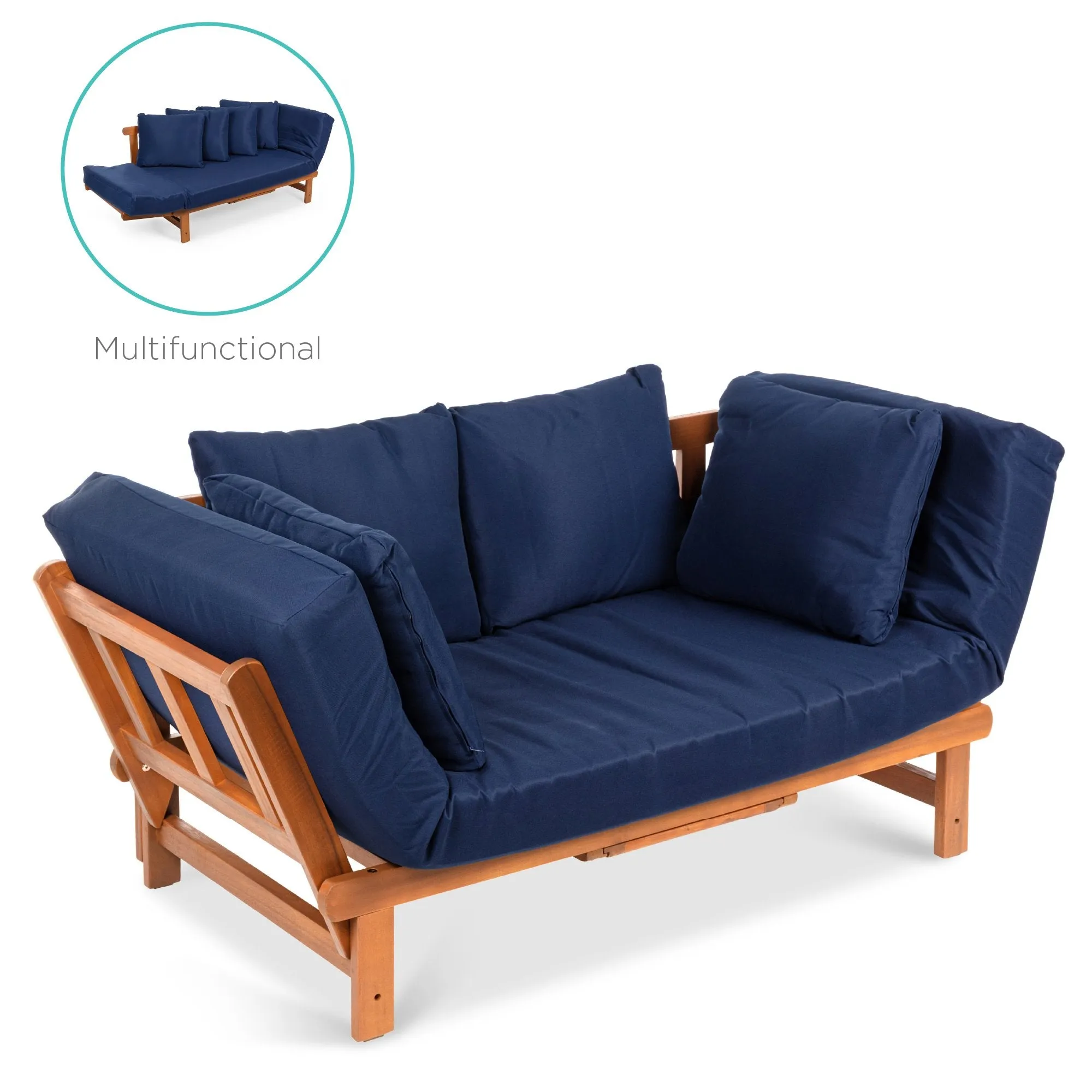 Outdoor Convertible Acacia Wood Futon Sofa w/ 4 Pillows, Removable Cushion