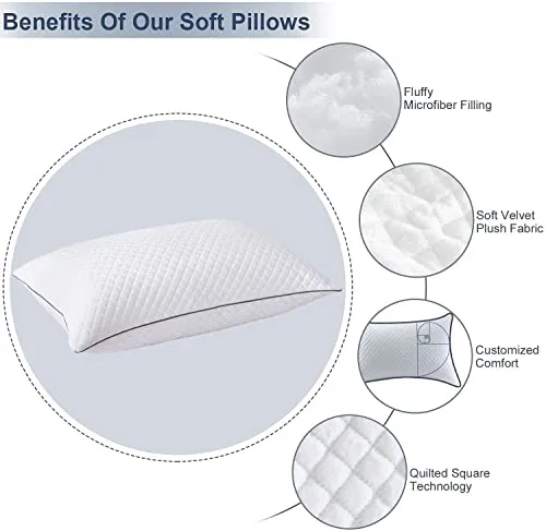 Pillows Queen Size Set of 2,Luxury Velvet Hypoallergenic Bed Pillows for Sleeping, Hotel Fluffy Pillow Set, Soft Firm Adjustable Down Alternative Pillows for Side, Back, Stomach Sleepers -20"x30"