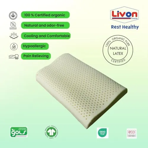 Rest Healthy Organic Pure Natural, Breathable, Orthopaedic, Durable, Hypoallergenic, Neck Support, Cooling, Latex Contour Pillow by Livon Comforts