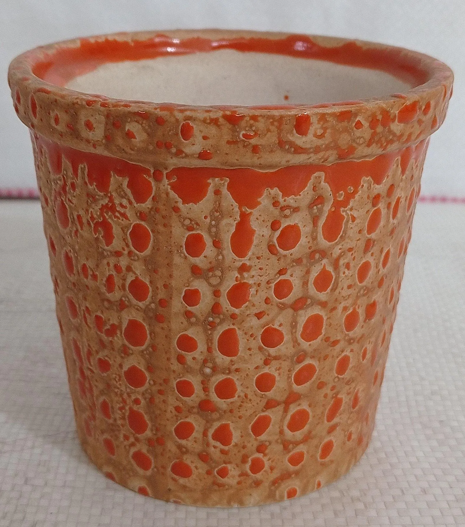 Round Fancy Painted Ceramic Pot - Orange Dotted, Cream