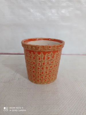 Round Fancy Painted Ceramic Pot - Orange Dotted, Cream